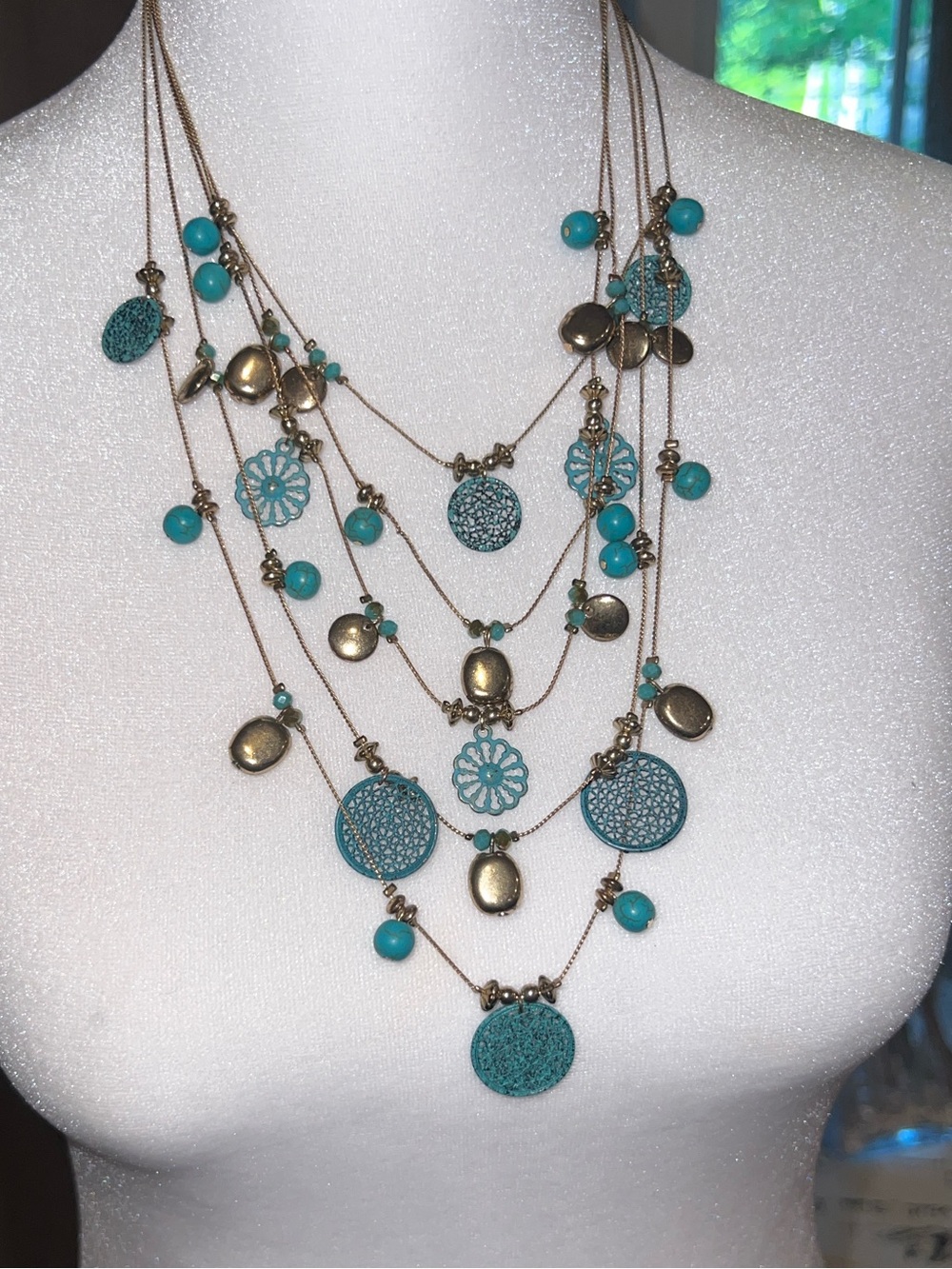 Multi-Layer Turquoise and Gold Pendant Necklace - Women Jewelry